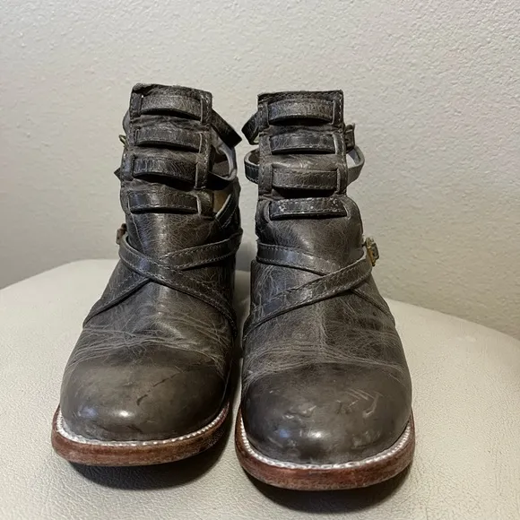 Freebird By Steven Stair Gray  Distressed Leather Strappy Ankle Boots Size 9