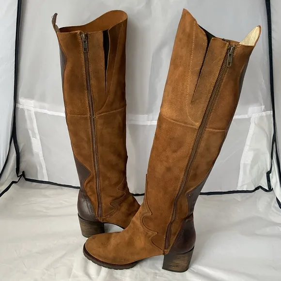 Freebird Fuego Tan Brown Distressed Leather 18” Knee High Side Zip Boots Size 10