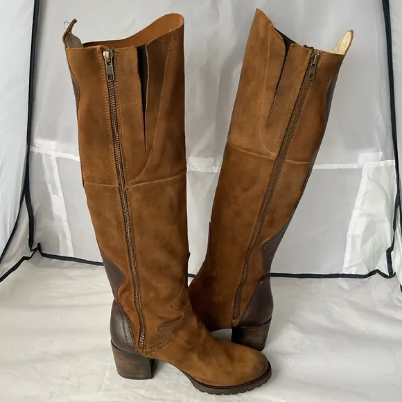 Freebird Fuego Tan Brown Distressed Leather 18” Knee High Side Zip Boots Size 10