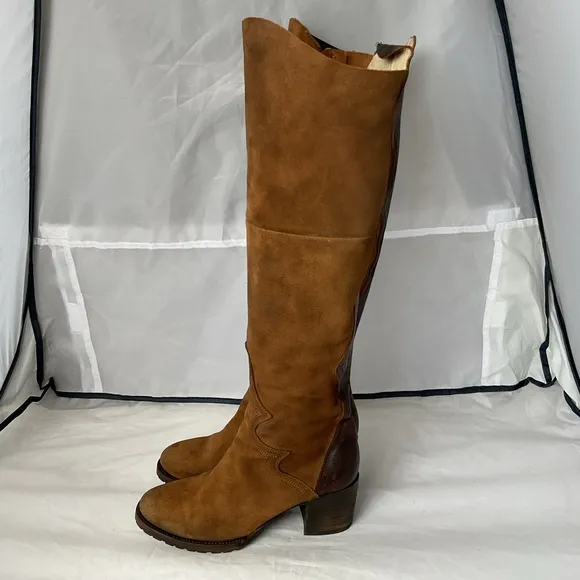 Freebird Fuego Tan Brown Distressed Leather 18” Knee High Side Zip Boots Size 10