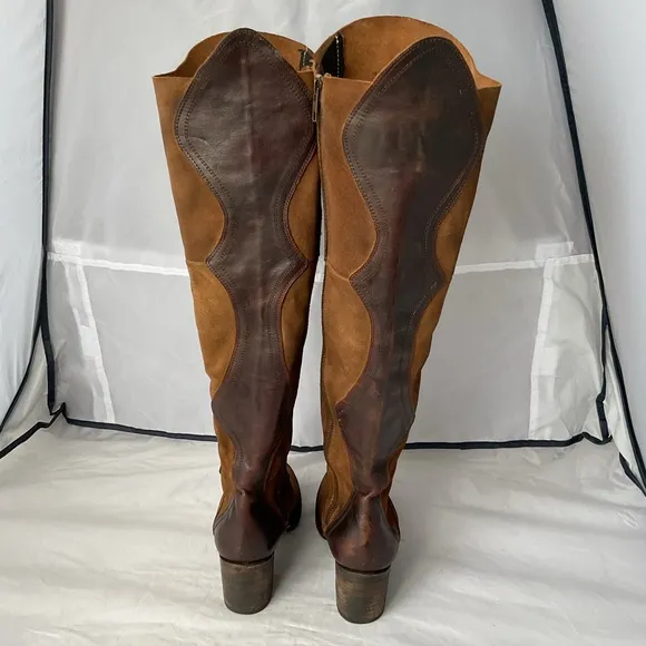 Freebird Fuego Tan Brown Distressed Leather 18” Knee High Side Zip Boots Size 10