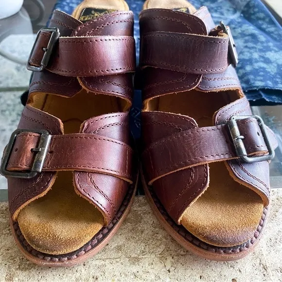 Freebird Shoes Caprice Leather Strappy Open-Toe Block-Heel Slide Cognac 8 GUC