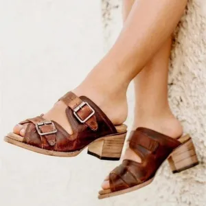 Freebird Shoes Caprice Leather Strappy Open-Toe Block-Heel Slide Cognac 8 GUC