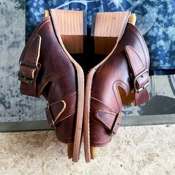 Freebird Shoes Caprice Leather Strappy Open-Toe Block-Heel Slide Cognac 8 GUC
