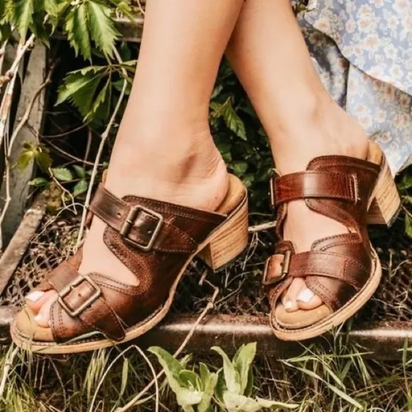 Freebird Shoes Caprice Leather Strappy Open-Toe Block-Heel Slide Cognac 8 GUC