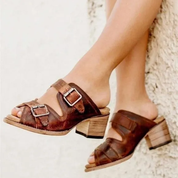 Freebird Shoes Caprice Leather Strappy Open-Toe Block-Heel Slide Cognac 8 GUC