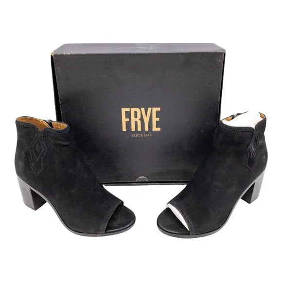 Frye Black Danica Suede Peep Toe Distressed Heeled Ankle Boots 8