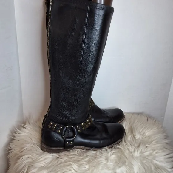 Frye Black  Phillip Harness Studded Leather Riding Boots 6.5
