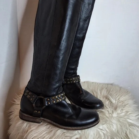 Frye Black  Phillip Harness Studded Leather Riding Boots 6.5