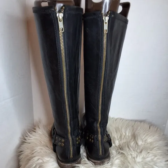 Frye Black  Phillip Harness Studded Leather Riding Boots 6.5