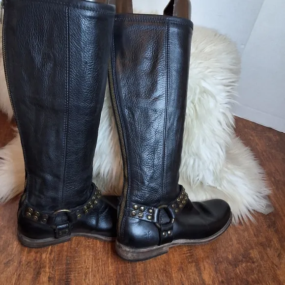 Frye Black  Phillip Harness Studded Leather Riding Boots 6.5