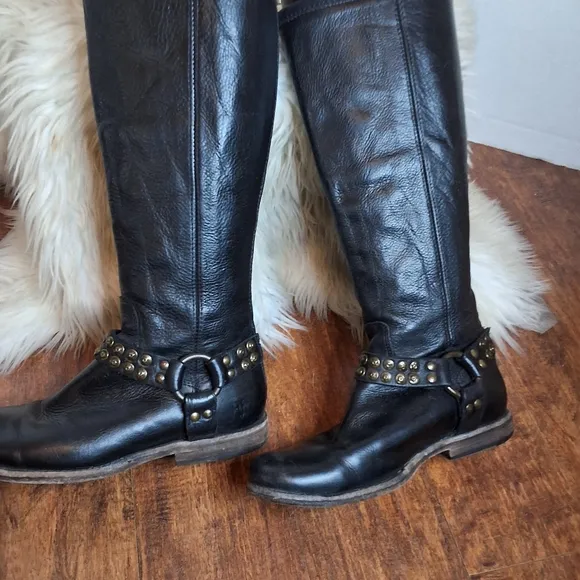 Frye Black  Phillip Harness Studded Leather Riding Boots 6.5