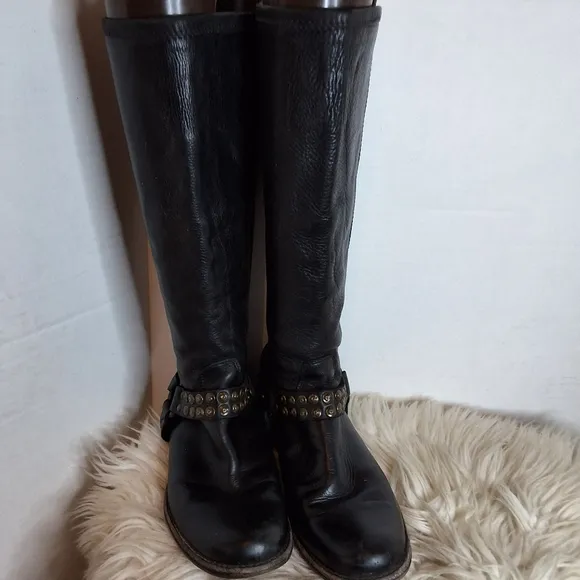 Frye Black  Phillip Harness Studded Leather Riding Boots 6.5