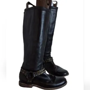 Frye Black  Phillip Harness Studded Leather Riding Boots 6.5
