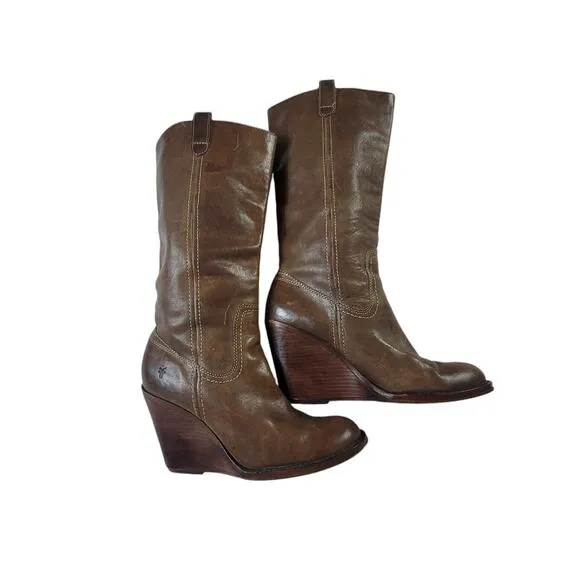 Frye Caroline Campus Leather Wedge Women's Boots Size 8