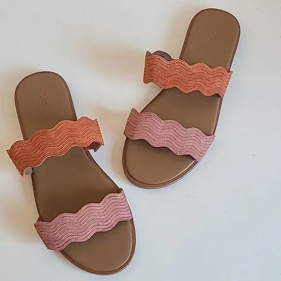 Frye Mira Wave Leather Slide Slip On Two Strap Sandals Pink Orange Size 7.5