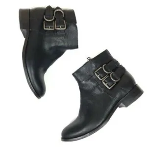 Frye Molly D Ring Black Leather Almond Toe Side Zip Ankle Moto Boots Women 9.5M