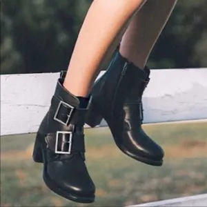 Frye Sabrina Double Buckle 77477 Womens Black Leather Zipper Casual Dress Boots