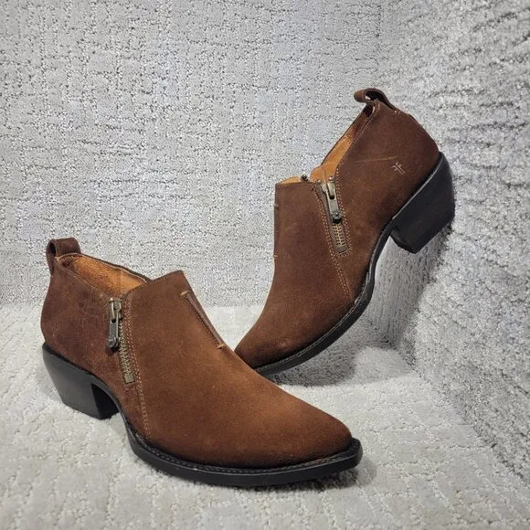 Frye Sacha Moto Shootie Womens Size 6.5B Brown Suede Side Zip Bootie Boots