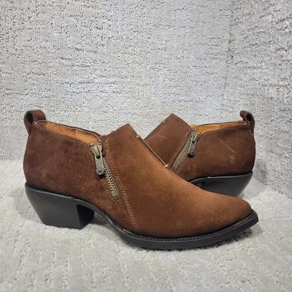 Frye Sacha Moto Shootie Womens Size 6.5B Brown Suede Side Zip Bootie Boots