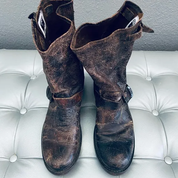 FRYE Veronica Distressed Leather Biker Boots 76512