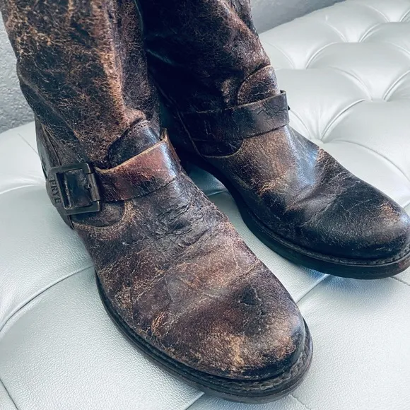 FRYE Veronica Distressed Leather Biker Boots 76512