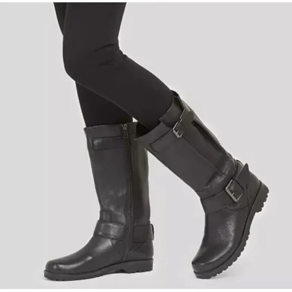 Gentle Souls by Kenneth Cole Women's Buckled Up Riding Boot Black Leather Moto B