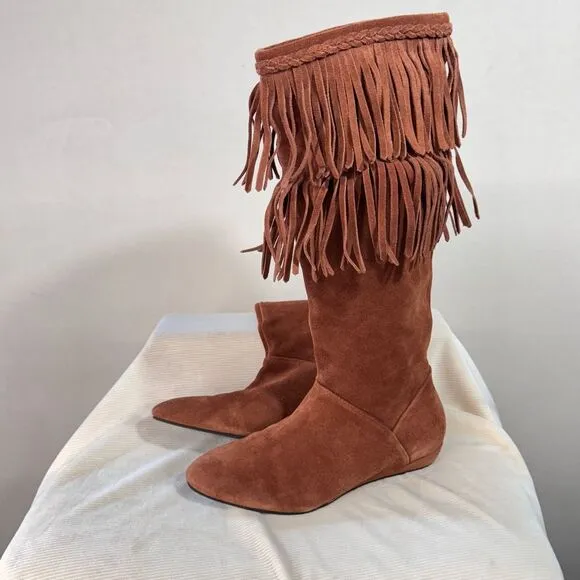 Gianni Bini Womens Suede Achilles Fringe Knee High Festival Boots Brown Size 7.5