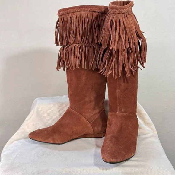 Gianni Bini Womens Suede Achilles Fringe Knee High Festival Boots Brown Size 7.5