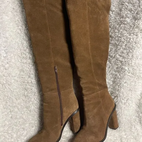 Gianni Bini Barrine leather suede brown over the knee block heels boots SZ9.5M