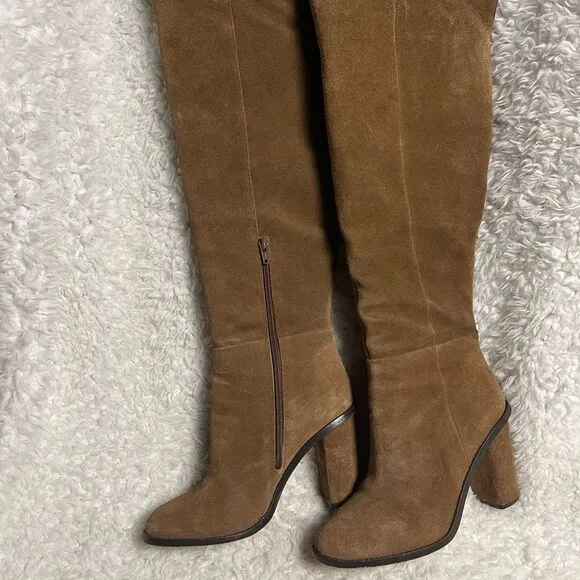 Gianni Bini Barrine leather suede brown over the knee block heels boots SZ9.5M
