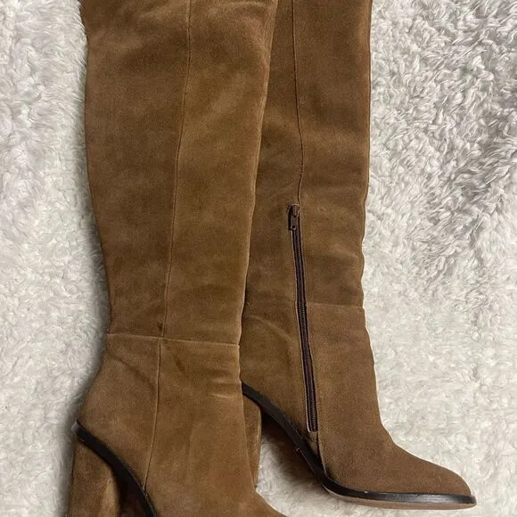 Gianni Bini Barrine leather suede brown over the knee block heels boots SZ9.5M