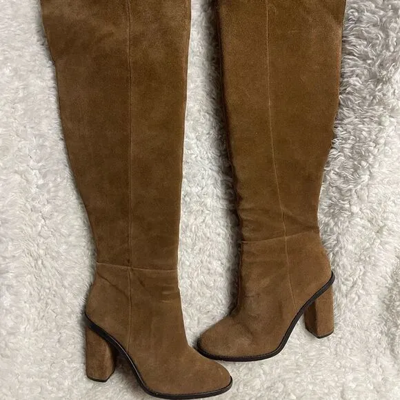 Gianni Bini Barrine leather suede brown over the knee block heels boots SZ9.5M