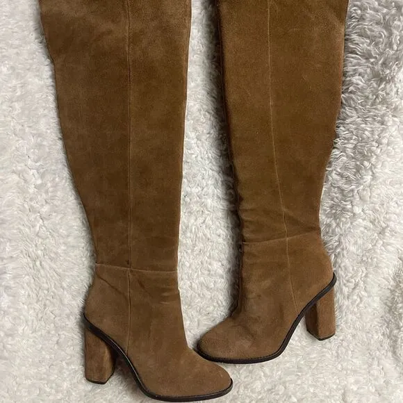 Gianni Bini Barrine leather suede brown over the knee block heels boots SZ9.5M