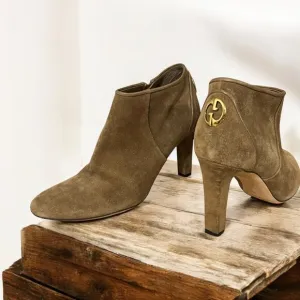 Gucci Brown Suede Heeled Ankle Boots Size 8 With Gold GG Hardware