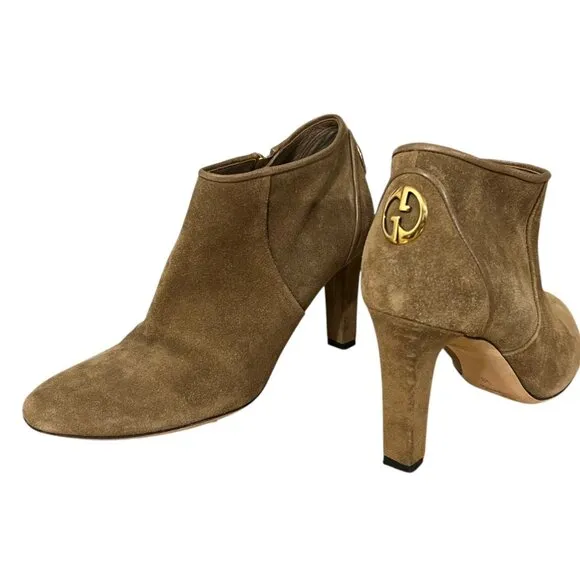 Gucci Brown Suede Heeled Ankle Boots Size 8 With Gold GG Hardware
