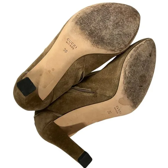 Gucci Brown Suede Heeled Ankle Boots Size 8 With Gold GG Hardware