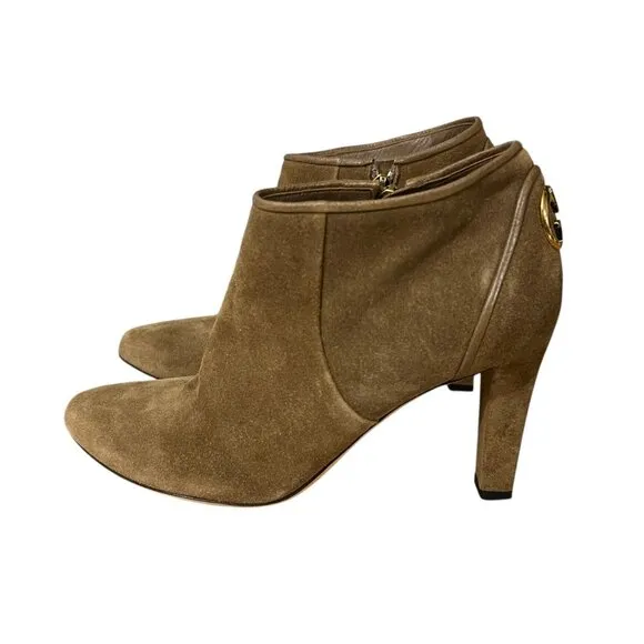 Gucci Brown Suede Heeled Ankle Boots Size 8 With Gold GG Hardware