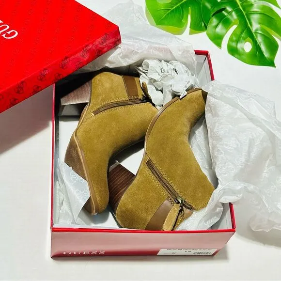 Guess Geora Medium Brown Leather Suede Ankle Booties