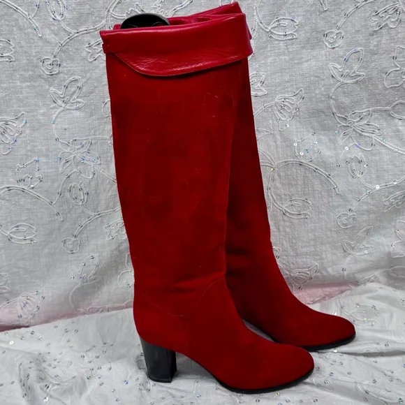 Handmade Italian Red Suede &amp; Leather Knee High Boots – Size 6.5 / EU 36.5