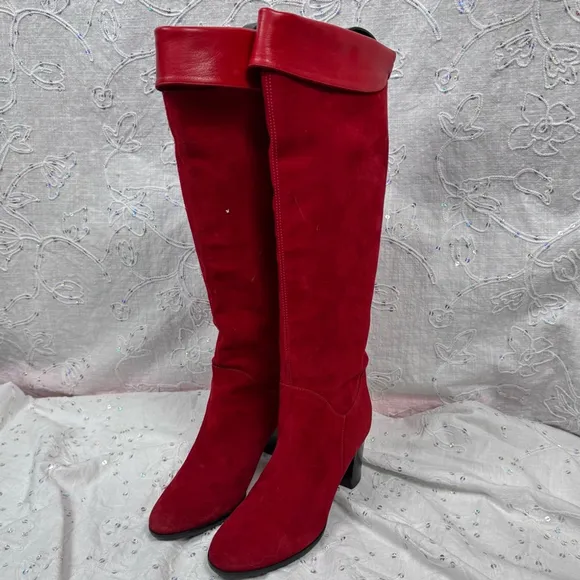 Handmade Italian Red Suede &amp; Leather Knee High Boots – Size 6.5 / EU 36.5