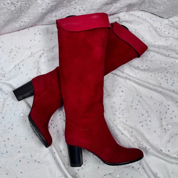 Handmade Italian Red Suede &amp; Leather Knee High Boots – Size 6.5 / EU 36.5