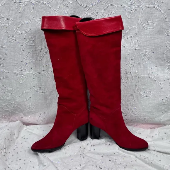 Handmade Italian Red Suede &amp; Leather Knee High Boots – Size 6.5 / EU 36.5