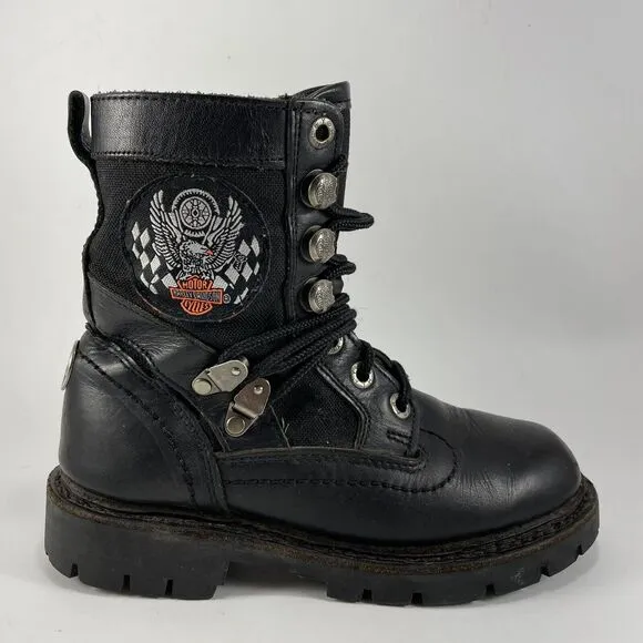 Harley Davidson Vintage Moto Riding Boots Womens Size 6 Black Leather Logo
