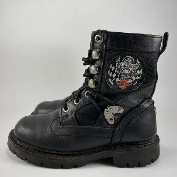 Harley Davidson Vintage Moto Riding Boots Womens Size 6 Black Leather Logo