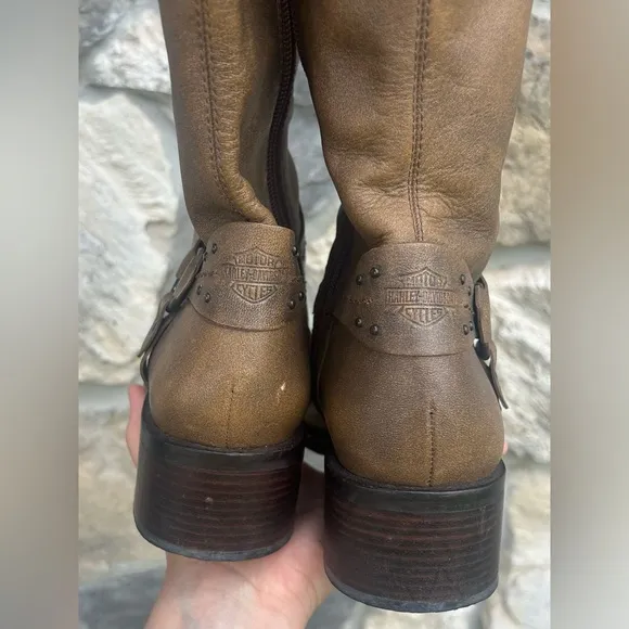 Harley Davidson Womens Boots Sz 8.5 Brown Leather Riding Boots Biker Eagle Studs