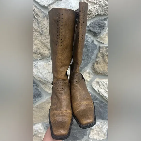 Harley Davidson Womens Boots Sz 8.5 Brown Leather Riding Boots Biker Eagle Studs