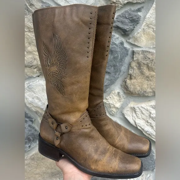 Harley Davidson Womens Boots Sz 8.5 Brown Leather Riding Boots Biker Eagle Studs