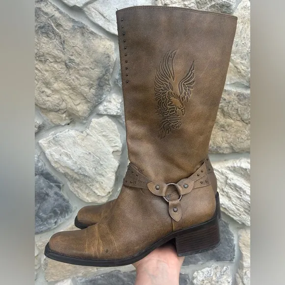 Harley Davidson Womens Boots Sz 8.5 Brown Leather Riding Boots Biker Eagle Studs