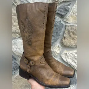 Harley Davidson Womens Boots Sz 8.5 Brown Leather Riding Boots Biker Eagle Studs